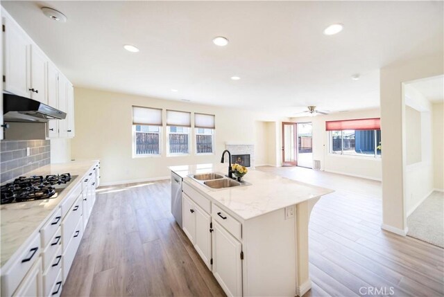 32706 Blue Mist Way, Wildomar, CA 92595 - kitchen featuring stainless steel dishwasher, a sink, a fireplace, under cabinet range hood, and black gas stovetop