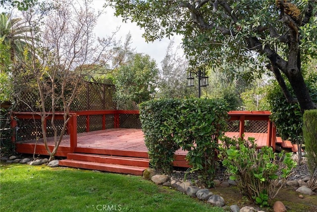 wooden terrace with a lawn