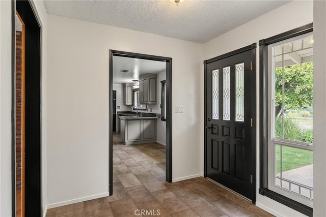 entryway with baseboards, a textured ceiling, and a healthy amount of sunlight