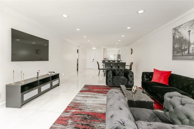 living room featuring light tile patterned flooring, crown molding, and recessed lighting