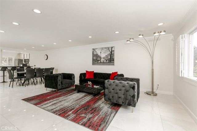 living room with baseboards, crown molding, recessed lighting, and light tile patterned floors