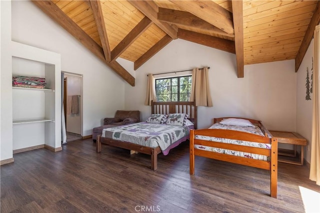 bedroom with wooden ceiling, beam ceiling, high vaulted ceiling, and wood finished floors