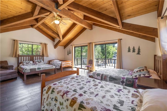 bedroom featuring vaulted ceiling with beams, wood ceiling, wood finished floors, and access to exterior