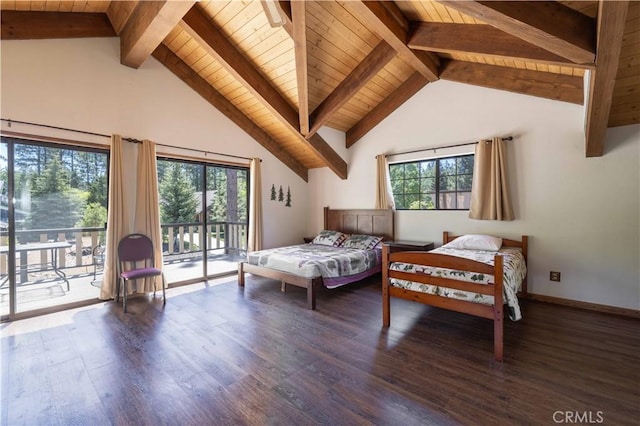 bedroom with access to outside, beam ceiling, wooden ceiling, and wood finished floors