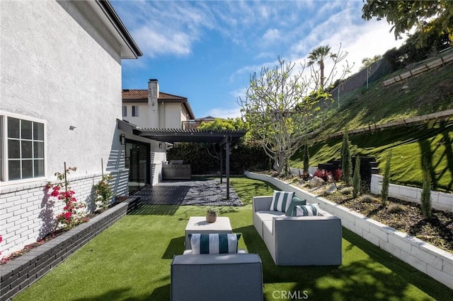 view of yard featuring outdoor lounge area, a patio, and a pergola
