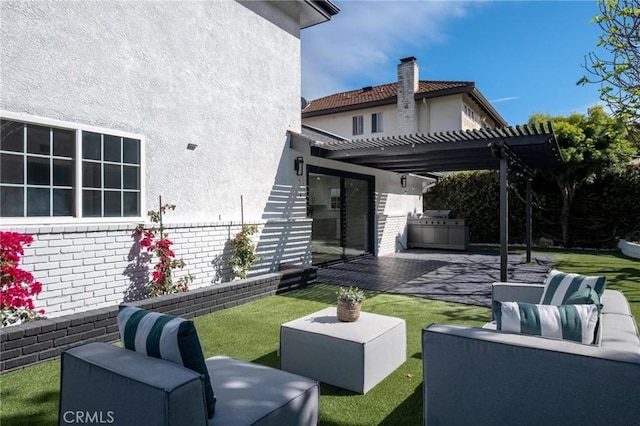 view of patio with outdoor lounge area, area for grilling, fence, and a pergola