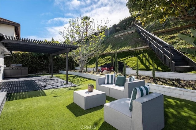 exterior space featuring area for grilling, a pergola, outdoor lounge area, and a patio