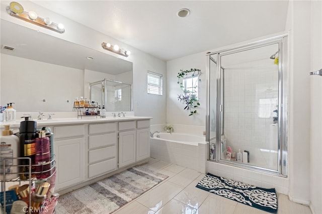 25445 Clovelly Ct, Moreno Valley, CA 92553 - full bath with a sink, a stall shower, a garden tub, visible vents, and double vanity