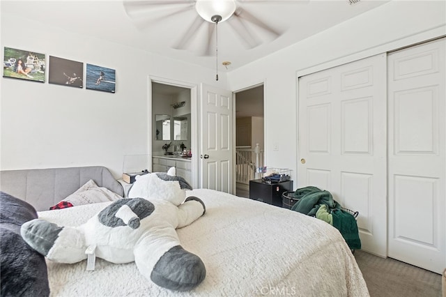 25445 Clovelly Ct, Moreno Valley, CA 92553 - bedroom featuring a closet, a ceiling fan, and carpet