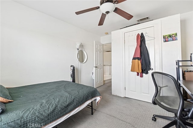 25445 Clovelly Ct, Moreno Valley, CA 92553 - bedroom featuring visible vents, carpet, and a ceiling fan