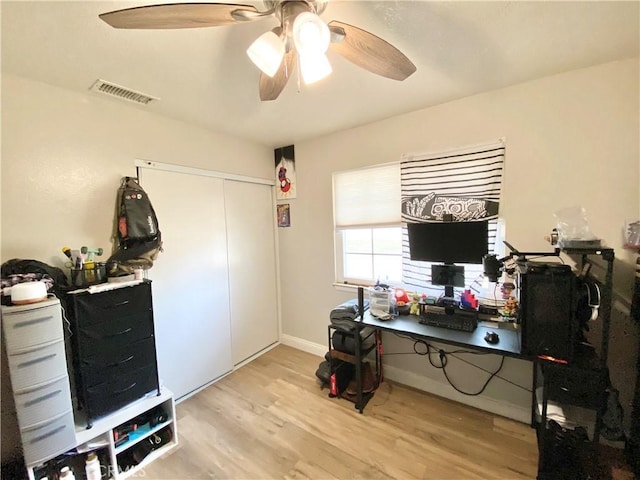 11031 Victor Ave, Hesperia, CA 92345 - office with a ceiling fan and light wood-style floors