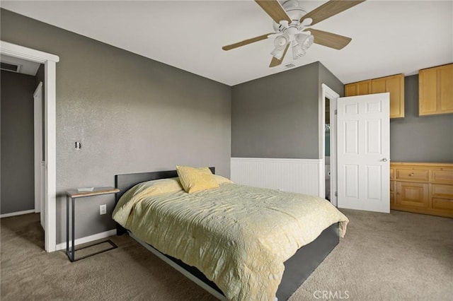 475 Woodsey Rd, Crestline, CA 92325 - bedroom featuring carpet floors, a ceiling fan, visible vents, and a wainscoted wall