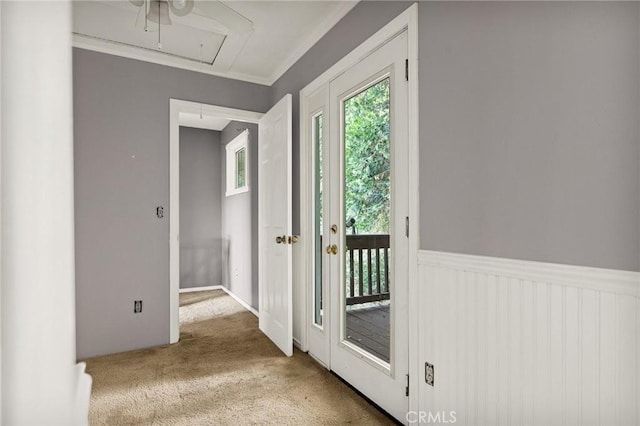 475 Woodsey Rd, Crestline, CA 92325 - entryway with wainscoting, crown molding, and carpet floors