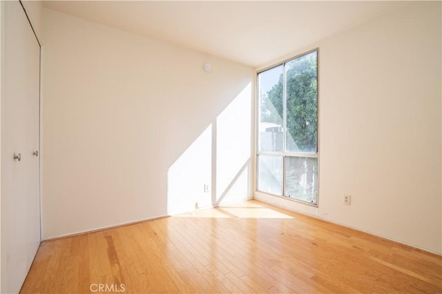 empty room with a wall of windows and wood finished floors