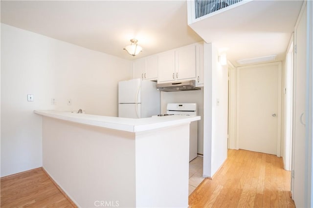 kitchen featuring under cabinet range hood, light wood finished floors, range, and freestanding refrigerator