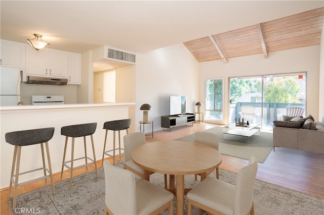 dining space featuring vaulted ceiling with beams, visible vents, light wood-style floors, and wood ceiling