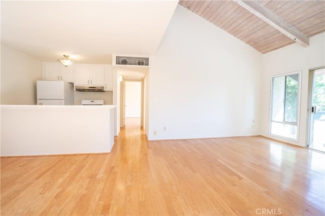 unfurnished living room with wooden ceiling, beamed ceiling, high vaulted ceiling, and light wood-type flooring