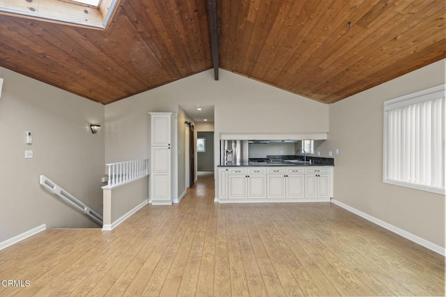 276 Highland Dr, Oxnard, CA 93035 - unfurnished living room with light wood-style flooring, a sink, wooden ceiling, baseboards, and a skylight