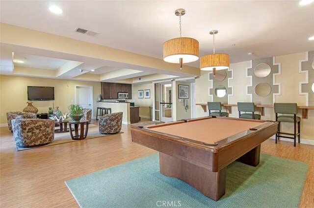 1021 Costa Pacifica Way Unit 2105, Oceanside, CA 92054 - playroom with light wood finished floors, recessed lighting, billiards, and a raised ceiling