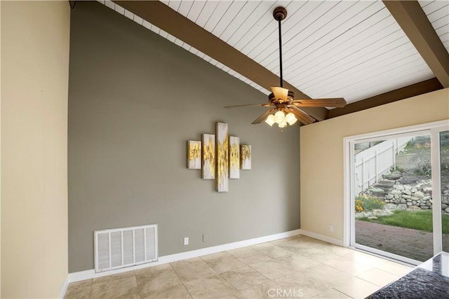 empty room featuring baseboards, visible vents, ceiling fan, and vaulted ceiling with beams