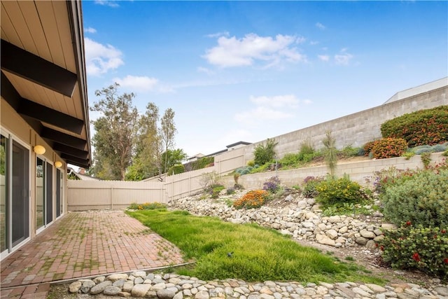 view of yard with a fenced backyard and a patio area