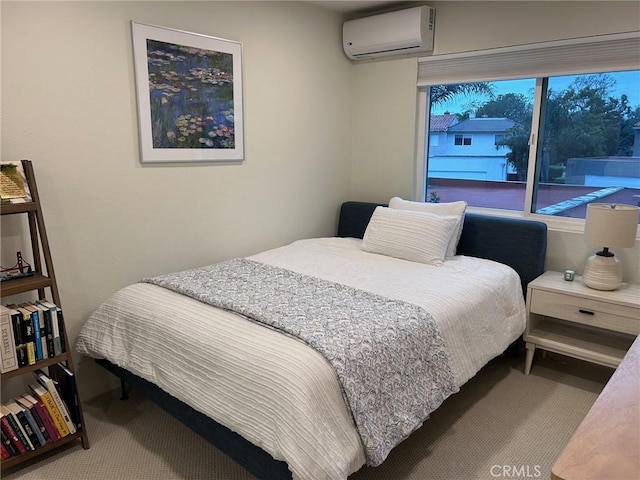 carpeted bedroom featuring a wall mounted air conditioner