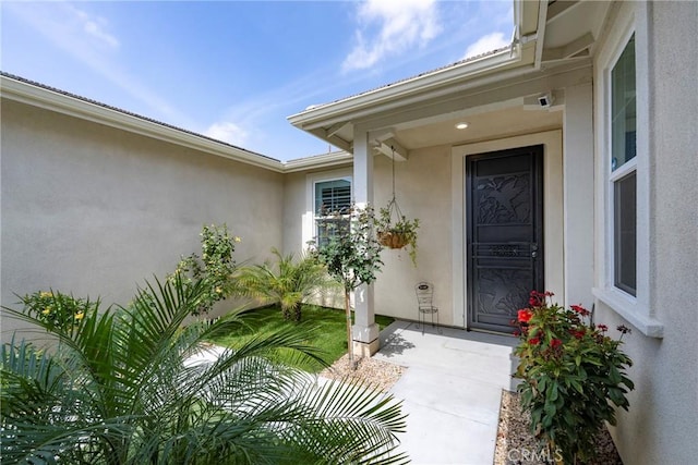 doorway to property with stucco siding