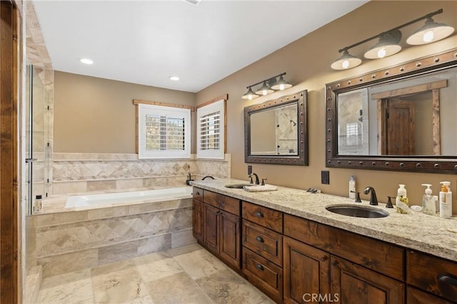 1985 Golden Rod Ave, Big Bear City, CA 92314 - full bath with a bath, double vanity, a sink, and a shower