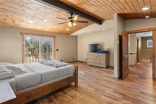 1985 Golden Rod Ave, Big Bear City, CA 92314 - bedroom with lofted ceiling with beams, access to outside, recessed lighting, light wood-style floors, and wooden ceiling