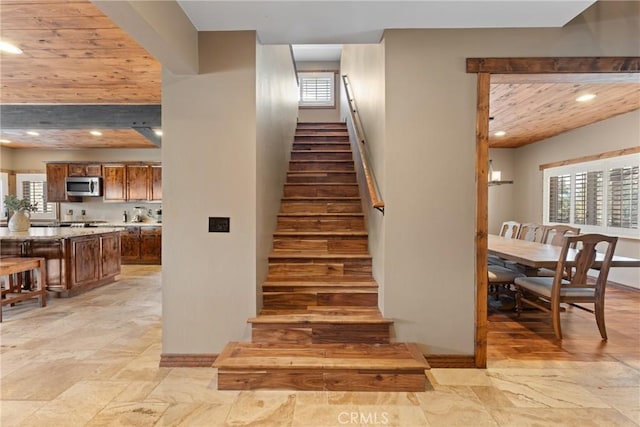 1985 Golden Rod Ave, Big Bear City, CA 92314 - stairs with a wealth of natural light, wooden ceiling, and recessed lighting