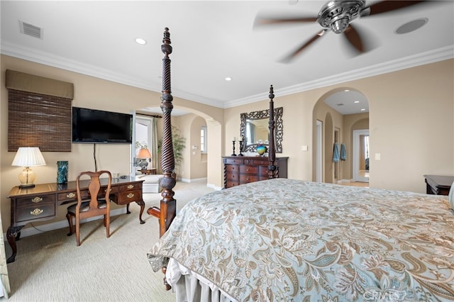 28 Surfspray Blf, Newport Coast, CA 92657 - bedroom with arched walkways, carpet, crown molding, recessed lighting, and ceiling fan