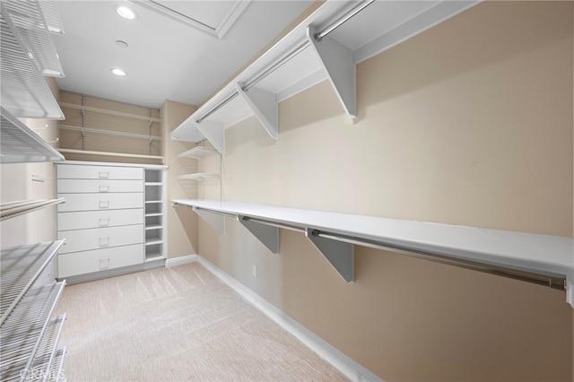 spacious closet with light colored carpet