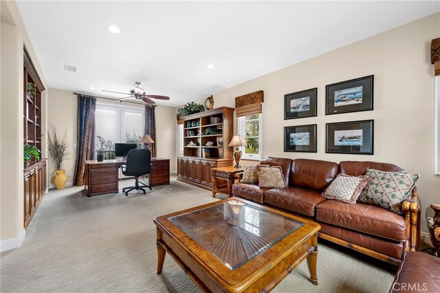 28 Surfspray Blf, Newport Coast, CA 92657 - living area featuring an office area, light colored carpet, recessed lighting, and a ceiling fan