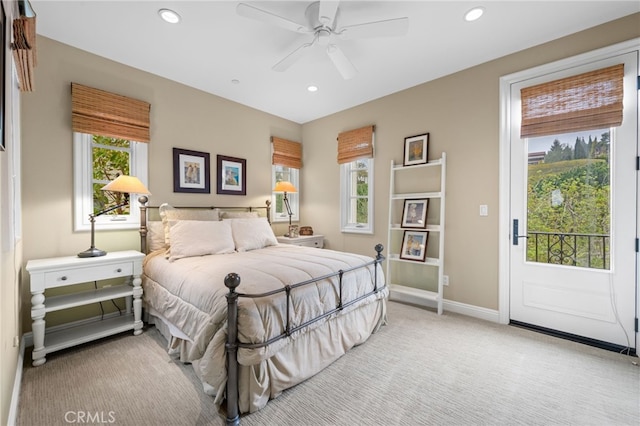 28 Surfspray Blf, Newport Coast, CA 92657 - bedroom with access to exterior, multiple windows, light carpet, recessed lighting, and ceiling fan