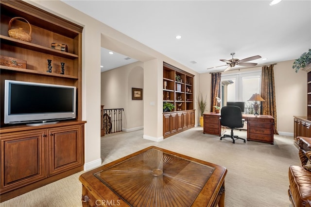 28 Surfspray Blf, Newport Coast, CA 92657 - office space featuring light colored carpet, a ceiling fan, built in shelves, and recessed lighting