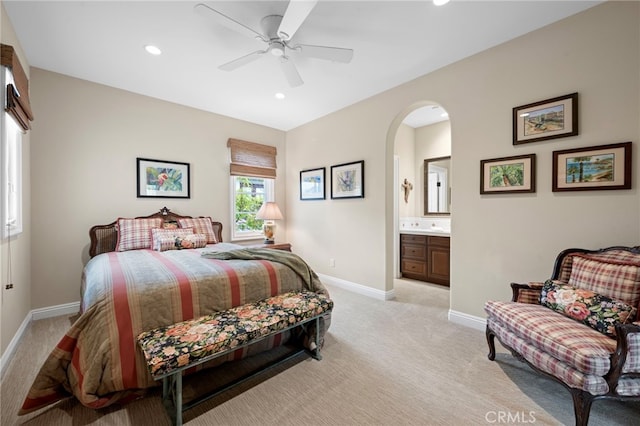 28 Surfspray Blf, Newport Coast, CA 92657 - bedroom featuring light carpet, recessed lighting, arched walkways, ensuite bath, and a ceiling fan