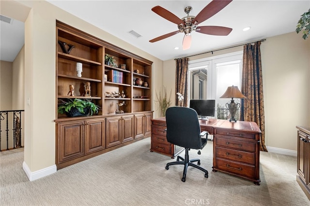 28 Surfspray Blf, Newport Coast, CA 92657 - home office with light carpet, ceiling fan, and recessed lighting