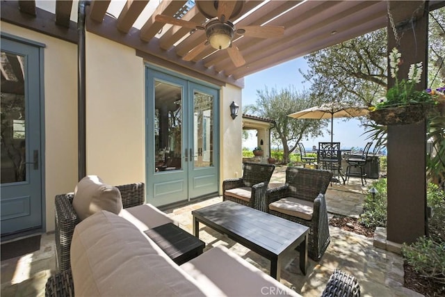 28 Surfspray Blf, Newport Coast, CA 92657 - view of patio / terrace featuring french doors, outdoor lounge area, ceiling fan, and outdoor dining space