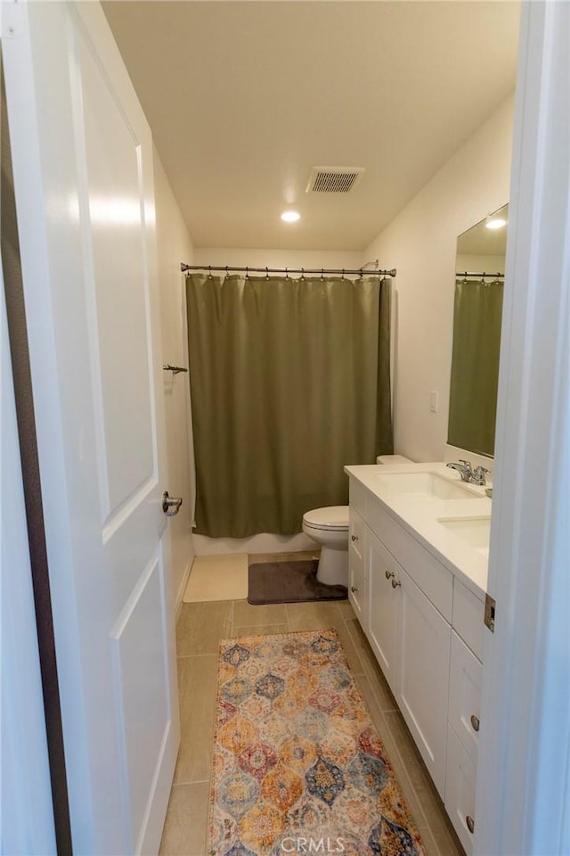full bath featuring visible vents, tile patterned flooring, vanity, toilet, and recessed lighting