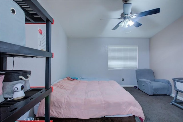 bedroom featuring baseboards, ceiling fan, and carpet flooring