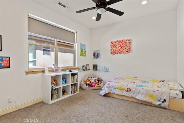 carpeted bedroom featuring visible vents, ceiling fan, recessed lighting, and baseboards