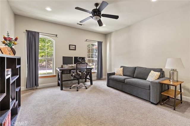 carpeted home office with visible vents, ceiling fan, recessed lighting, and baseboards