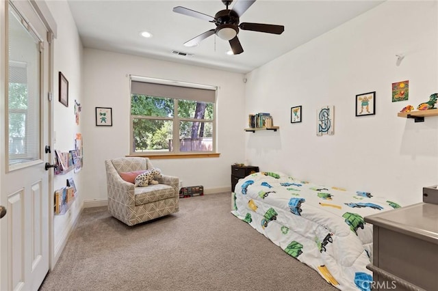 carpeted bedroom featuring recessed lighting, visible vents, ceiling fan, and baseboards