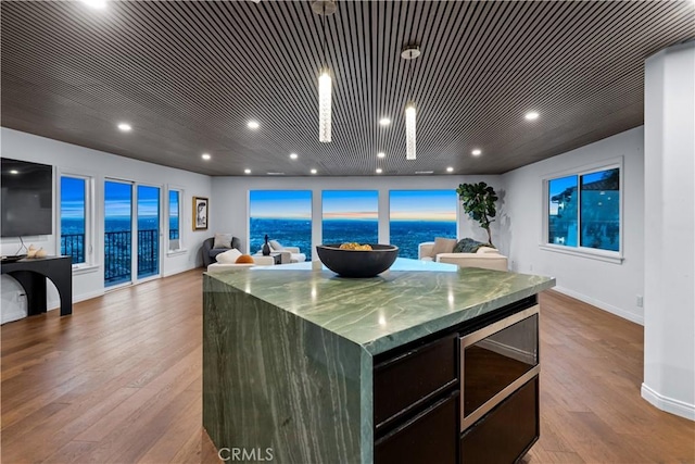 kitchen with open floor plan, a kitchen island, and wood finished floors