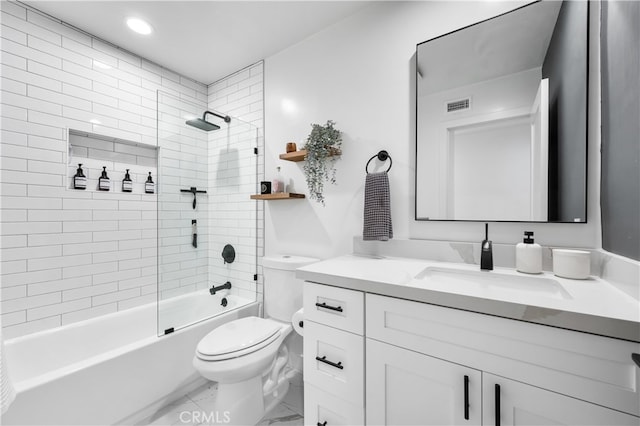 32772 Shipside Dr, Dana Point, CA 92629 - bathroom with marble look tiles, toilet, vanity, washtub / shower combination, and recessed lighting