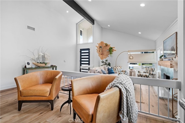 32772 Shipside Dr, Dana Point, CA 92629 - living area featuring wood finished floors, recessed lighting, high vaulted ceiling, beamed ceiling, and baseboards