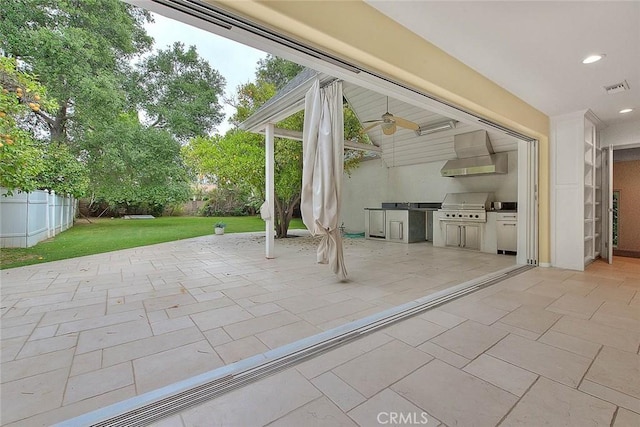 view of patio / terrace with visible vents, fence, ceiling fan, grilling area, and area for grilling