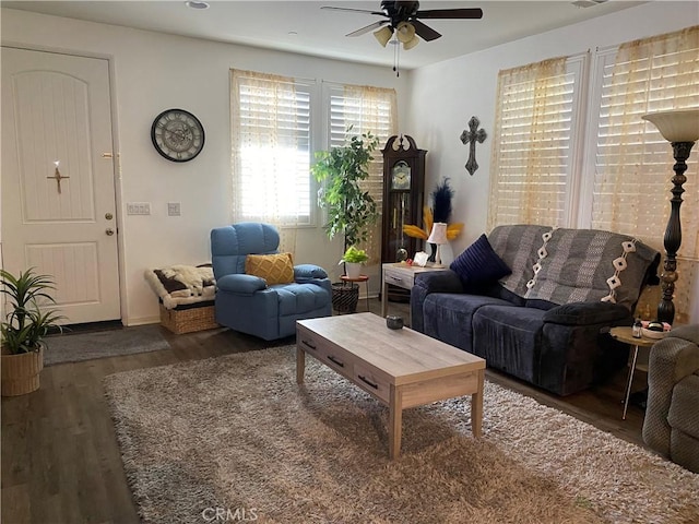 16001 Chase Rd Unit 59, Fontana, CA 92336 - living room featuring wood finished floors and a ceiling fan