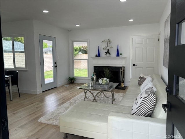 living area with recessed lighting, baseboards, wood finished floors, and a fireplace