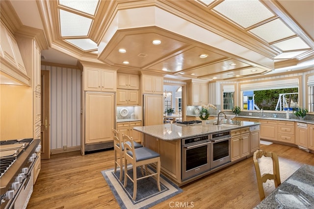 4537 Ellenboro Way, Woodland Hills, CA 91364 - kitchen with a sink, an island with sink, ornamental molding, light stone counters, and appliances with stainless steel finishes